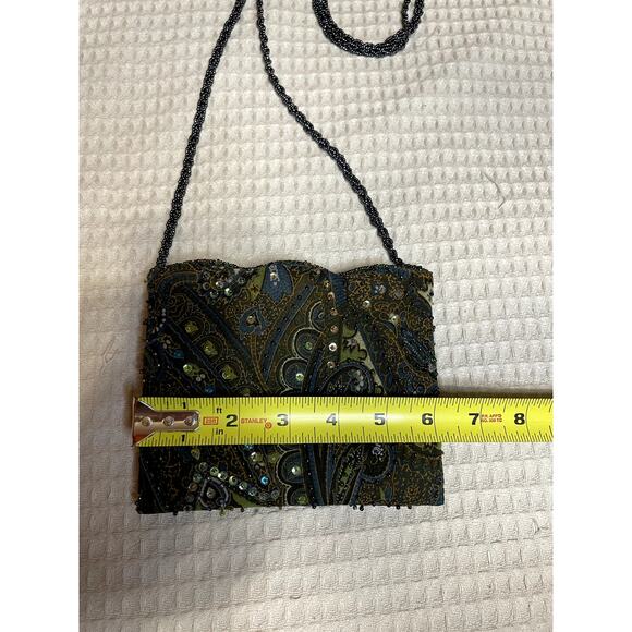 VTG Georgiou Studio Silk Beaded Mini Green & Blue Purse W/ Long Beaded Strap - Picture 6 of 12